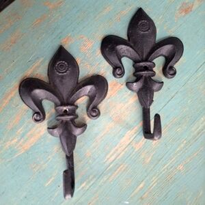 Wtought Iron Coat Rack Pair Fleur De Lis Metal Hooks Wall Hanging Decor